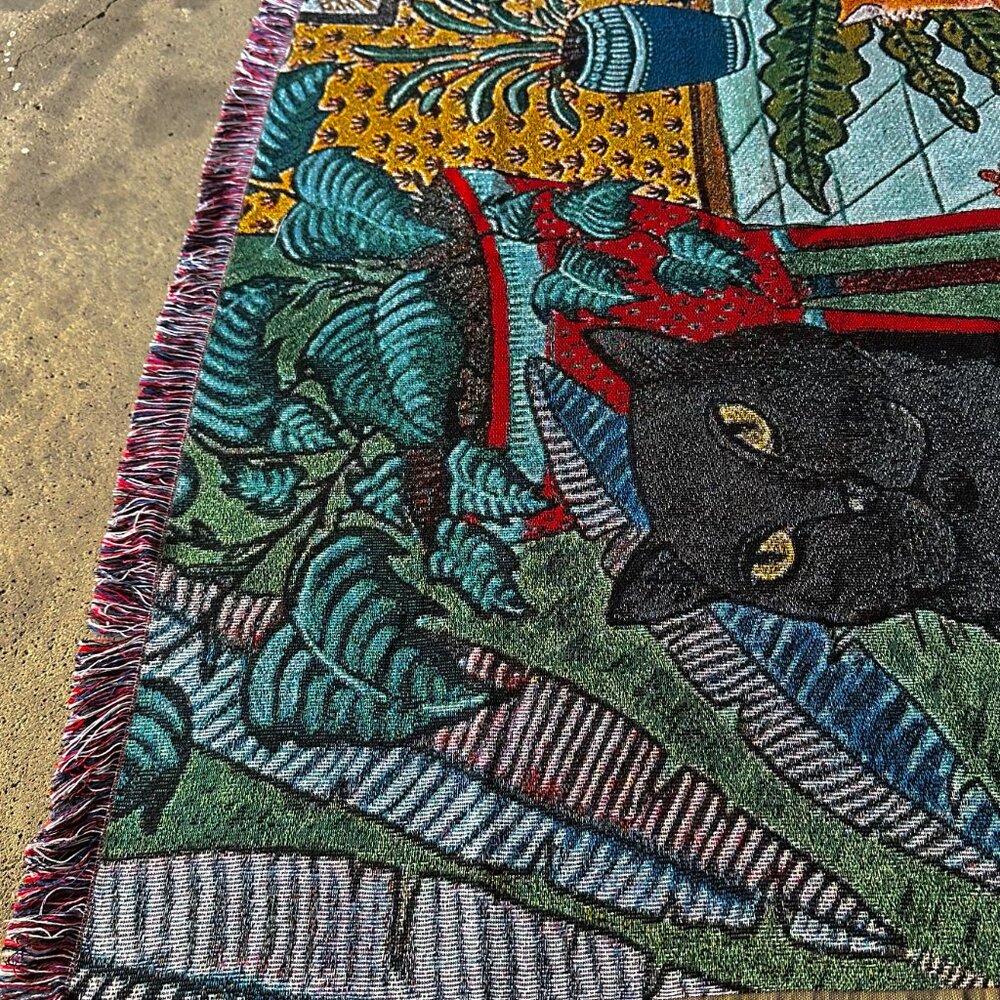 Botanical Cat Woven Tapestry Blanket – Vintage Jungle Home Decor (50x60”) - Picture 3 of 6